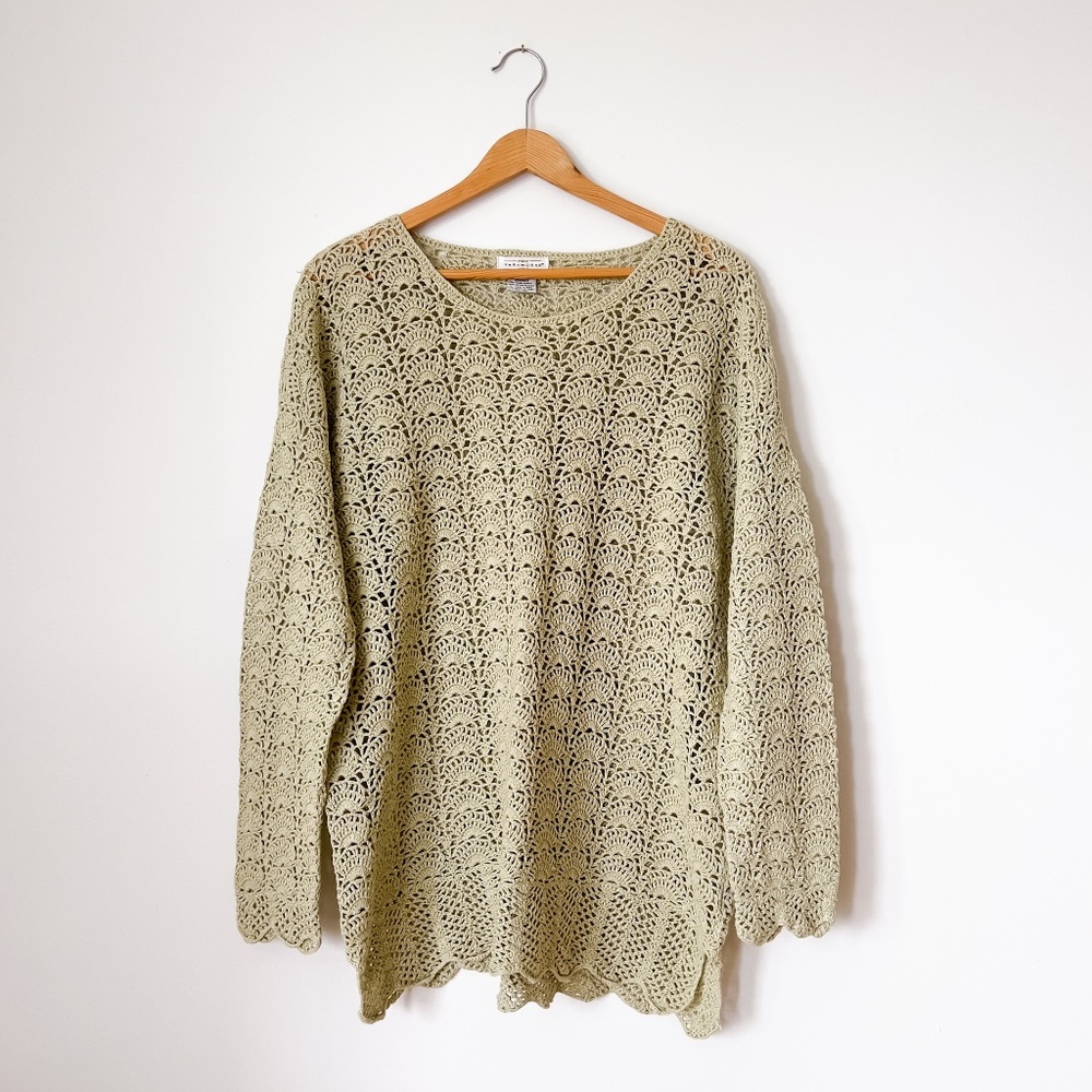 Vintage Green Crochet Sweater Size Large Boho Chic Layer Lagenlook